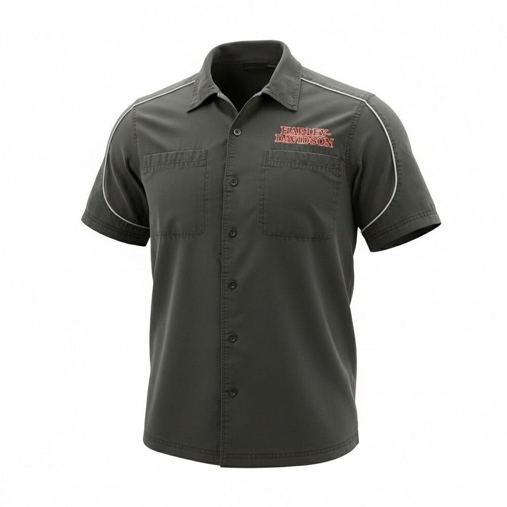 Harley Davidson Motorcycle Embroidered Button Down Black Shirt Size Large